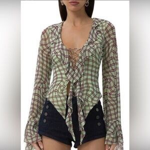 AFRM Cadence Lace-Up Long Sleeve Top - MINT PLAID